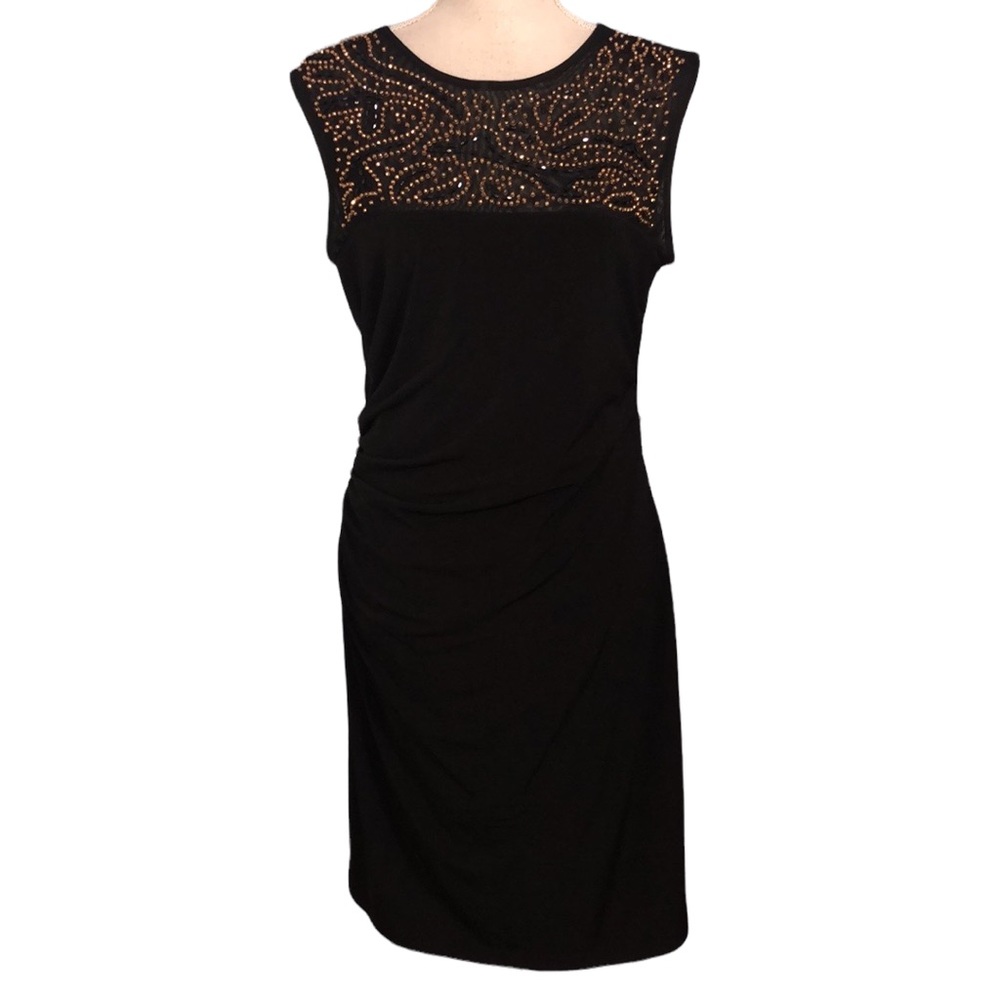 Jackie Jon black gold beaded ruched mesh midi dress